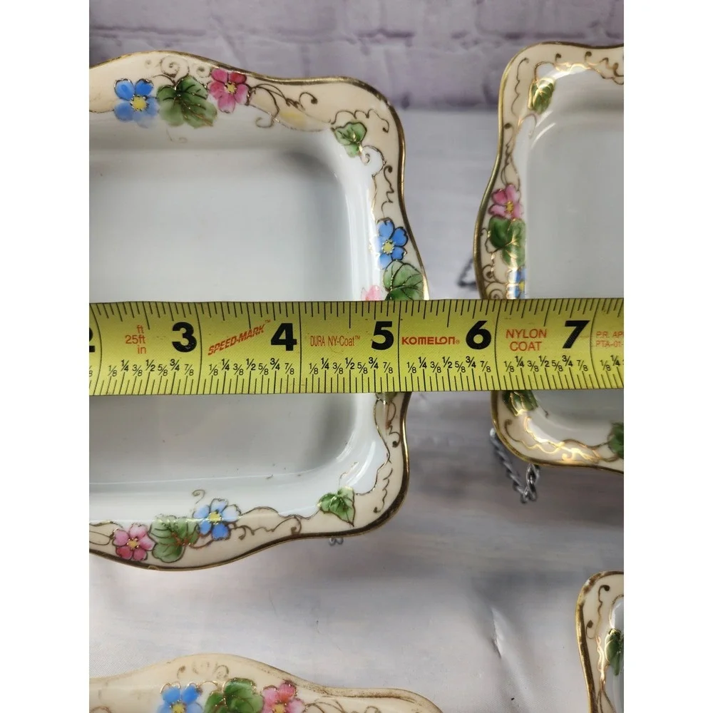 Set of 4 Vintage Hand Painted Nippon Plate Gold Floral Trim Square Dish Tray
